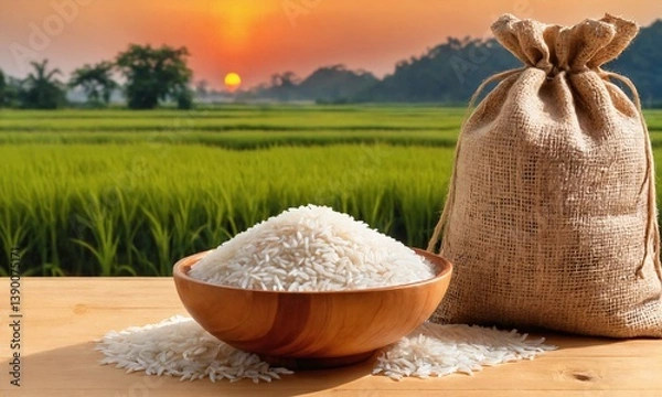 Fototapeta Rice harvesting at sunset with freshly harvested grains in a bowl and burlap sack against a lush green field
