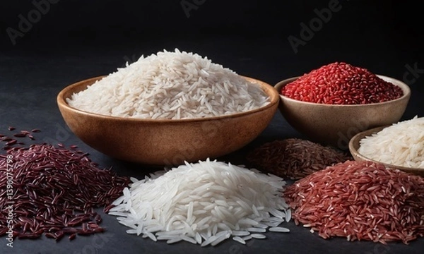 Fototapeta Variety of rice types in bowls showcasing colors and textures for culinary use and rice selection