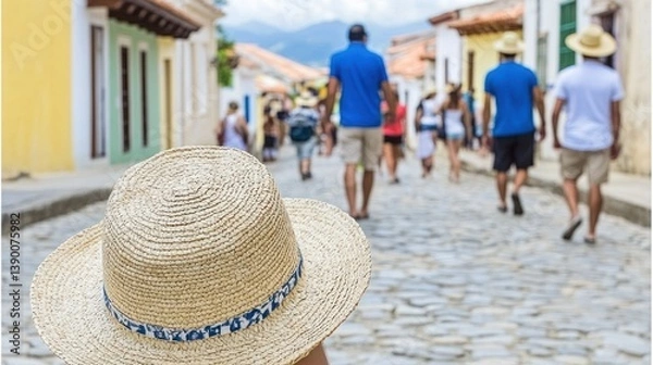 Fototapeta Tourists stroll down a colorful cobblestone street