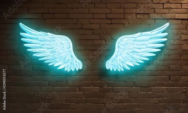 Obraz Neon blue angel wings glow against a brick wall in an urban setting at night, adding a vibrant touch to the environment