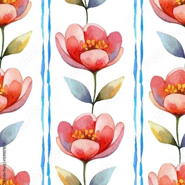 Fototapeta Colorful floral pattern featuring pink flowers and green leaves on a white background suitable for fabric or wallpaper design