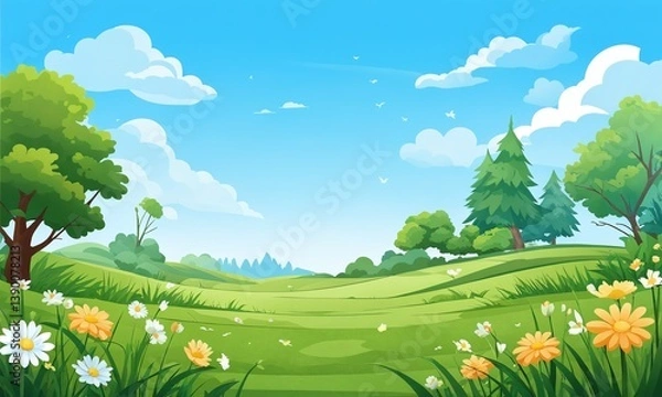 Obraz Vibrant summer landscape with blooming flowers and lush greenery under a clear blue sky