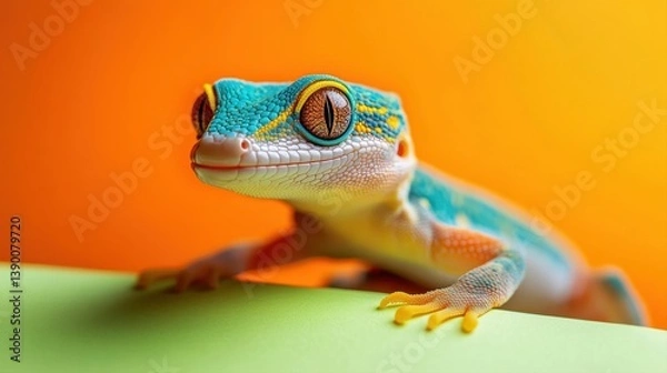 Fototapeta Colorful Geckos on Bright Background, Close-Up of Exotic Reptile, Nature Photography, Vivid Colors, Animal Portrait