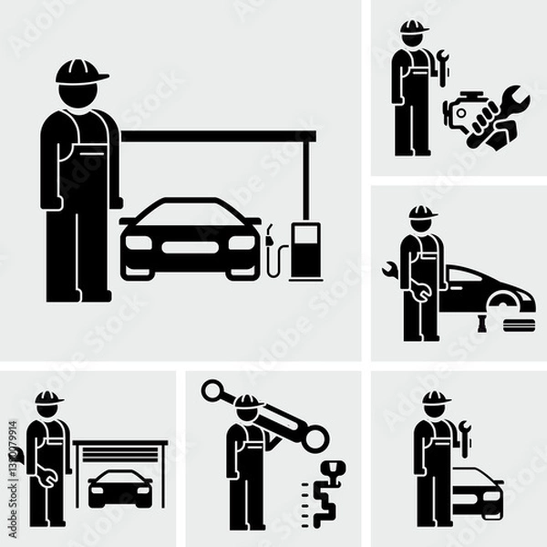 Obraz Auto mechanic, set of vector icons, badges on the topic of car repair and maintenance