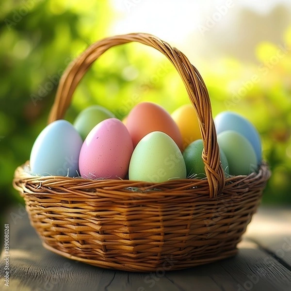 Fototapeta A vibrant basket filled with colorful eggs sits atop a table, celebrating the spirit of Easter.