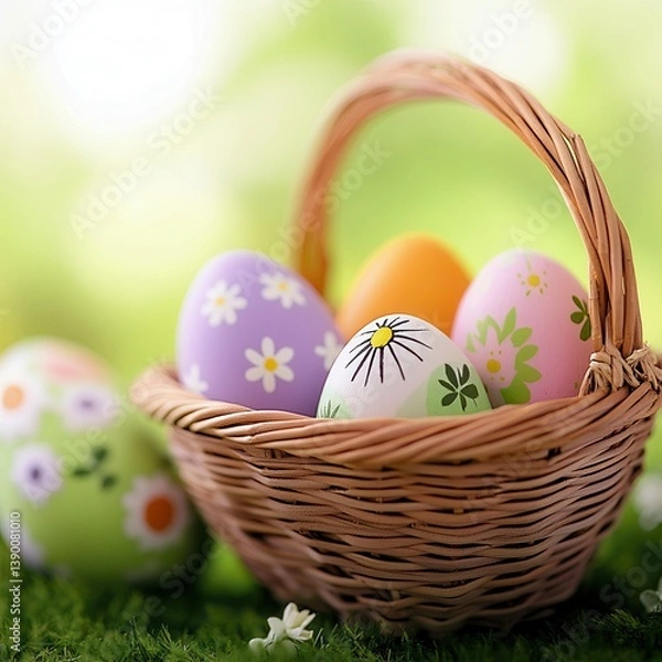 Fototapeta A basket filled with colorful Easter eggs resting on vibrant green grass.