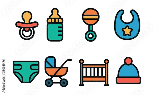 Obraz Colorful baby essentials icons set - flat style for childcare and nursery items collection
