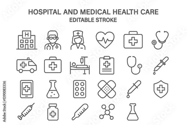 Fototapeta Collection of hospital and medical health care line vector icons for health-related applications and designs