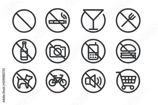 Fototapeta Icons representing prohibited activities and items in various environments throughout day and night settings