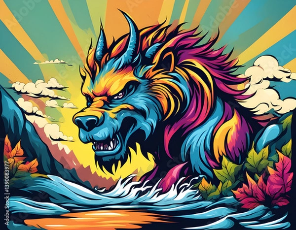 Fototapeta colorful river mythical beast with cool isolated pop art style background