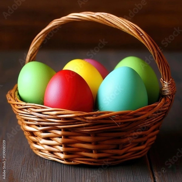 Fototapeta A vibrant basket filled with colorful Easter eggs on a rustic table.
