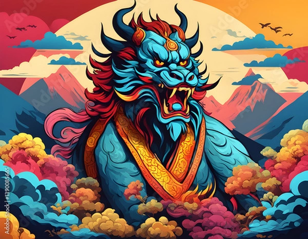 Fototapeta colorful Ancient Chinese mythical beast Qiongqi mythical beast with cool isolated pop art style background