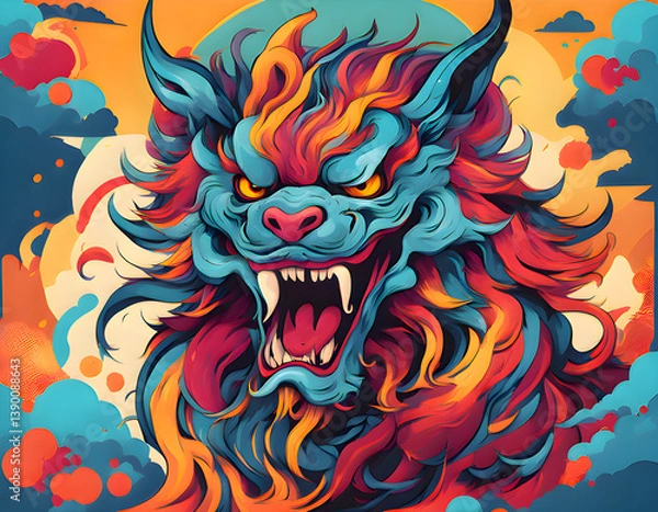 Fototapeta colorful Chaos, the ancient Chinese mythical beast with cool isolated pop art style background