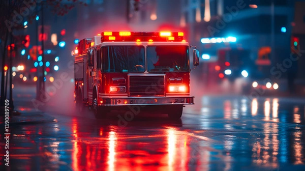 Obraz Emergency Response: A vibrant fire engine races through a rain-slicked cityscape at night, lights flashing, embodying urgency and public service. A beacon of hope amidst the urban landscape.