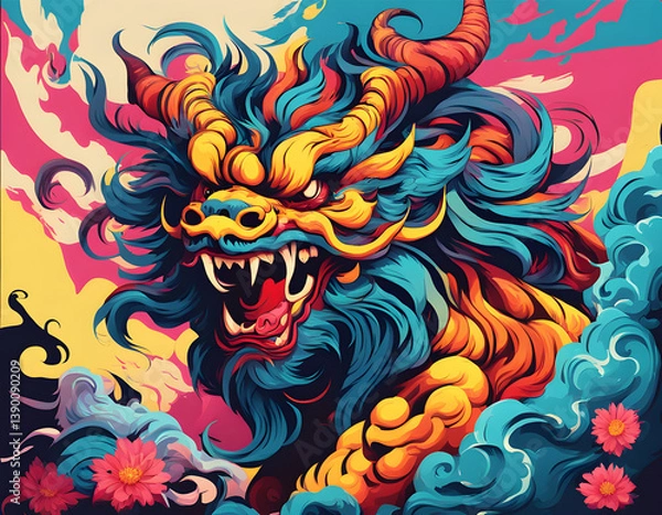 Fototapeta colorful Chaos, the ancient Chinese mythical beast with cool isolated pop art style background