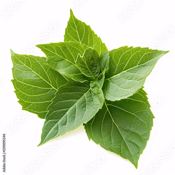 Fototapeta Culinary epazote leaves arranged neatly on pure white surface for food styling