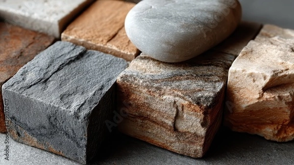 Fototapeta A detailed view of polished stone pieces arranged together artistically, highlighting their unique textures and colors that lend a sense of elegance and natural beauty to any space.