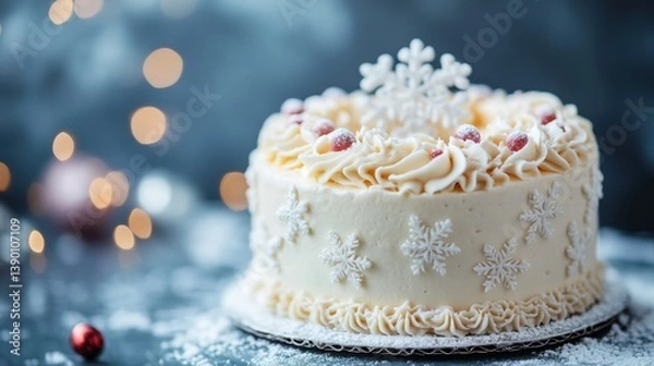 Fototapeta Festive Winter Cake with Snowflake Decoration and Red Berries against a Blurred Background of Christmas Lights
