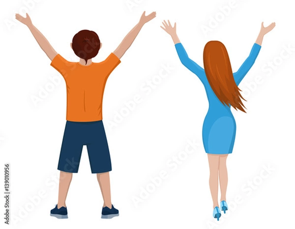 Obraz Boy and girl from the back. Rear view of young couple. Backside view of person. Isolated vector illustration of cartoon characters with raised hands on white background.