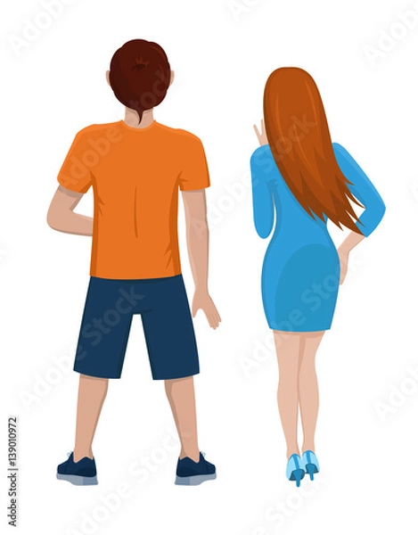 Obraz Boy and girl from the back. Rear view of young couple. Backside view of person. Isolated vector illustration of cartoon characters looking ahead on white background.