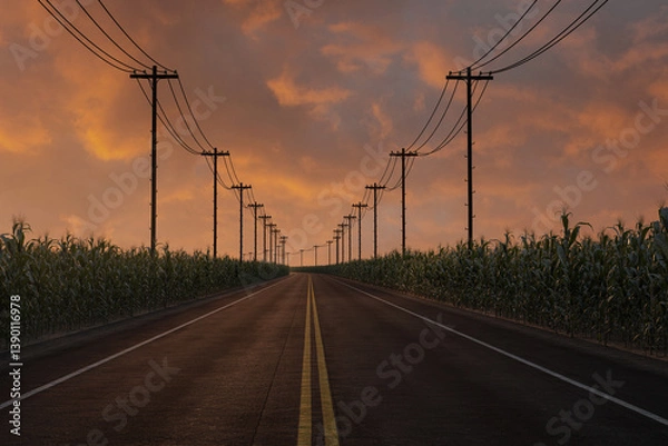 Fototapeta Road with yellow line between green corn field and utility poles in the evening light. 3D Rendering