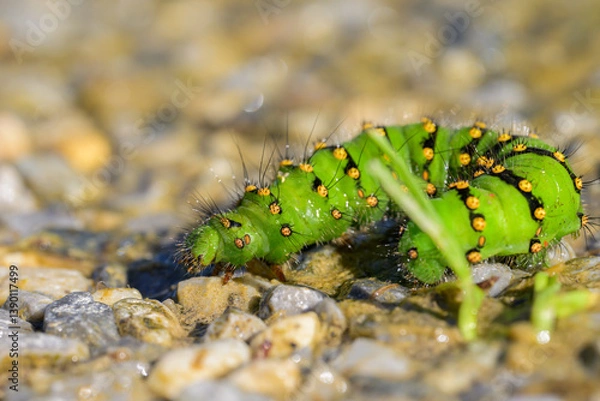 Fototapeta Caterpillar of a Small Emperor Moth crawling on the ground