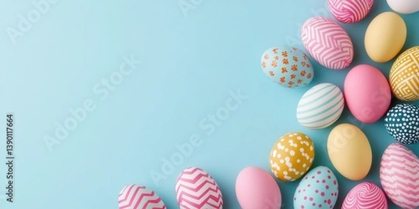 Fototapeta A vibrant collection of Easter eggs displayed on a blue surface.