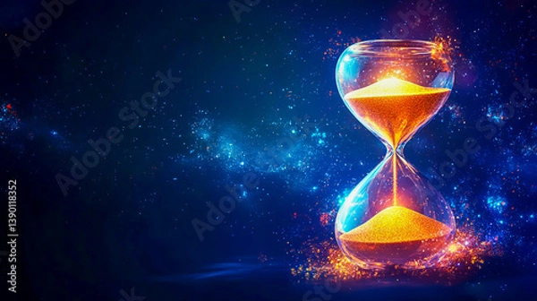 Fototapeta Futuristic hourglass with glowing, radiant sand, illuminated against a dark, cosmic background