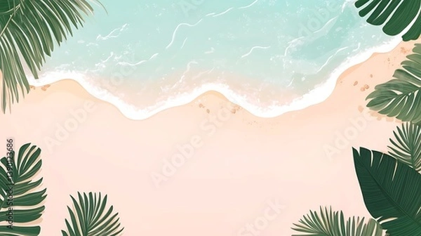 Fototapeta Tropical beach aerial view, ocean waves, palm leaves.