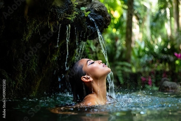 Obraz Woman Relaxing in a Natural Pool Under a Waterfall in Rainforest