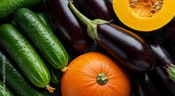Fototapeta Vibrant Autumn Harvest: A Colorful Display of Fresh Cucumbers, Eggplants, and Pumpkins