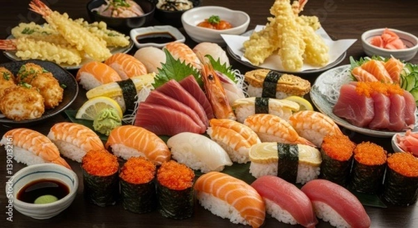 Fototapeta A Feast of Sushi and Japanese Delights: A Lavish Spread of Sashimi, Nigiri, Maki, Tempura, and More!