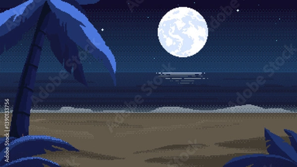 Fototapeta Night beach landscape with palm tree and moon, pixel art background. 2d backdrop in 8-bit retro video game style.
