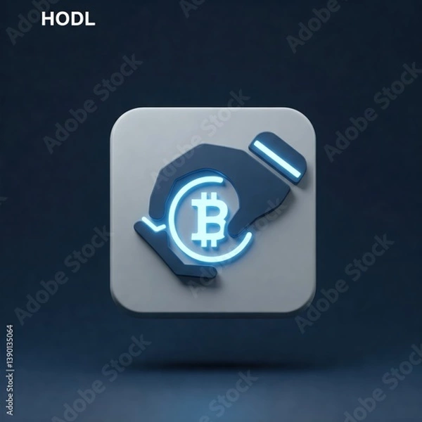 Fototapeta Square icon featuring a stylized hand gripping a glowing Bitcoin symbol in neon blue. The word HODL appears on a dark gradient background.