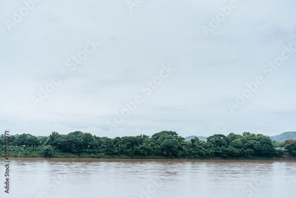 Fototapeta Calm river scene surrounded by lush greenery nature photography tranquil environment overcast day