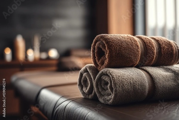 Obraz A serene spa setting featuring rolled towels on a massage table, creating a tranquil ambiance for relaxation and rejuvenation, promising a luxury treatment.