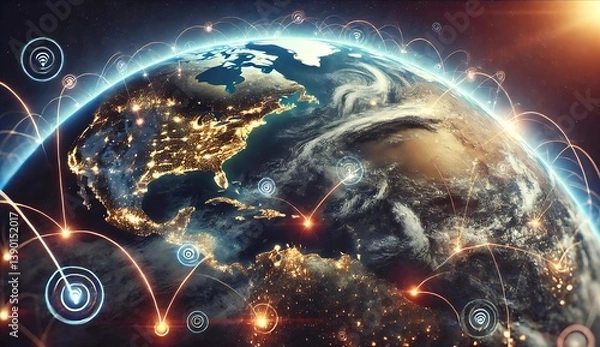 Fototapeta High-resolution image of Earth from space, showing North America and Africa lit up at night with glowing global Wi-Fi icons and data transfer lines connecting continents, symbolizing digital connectiv