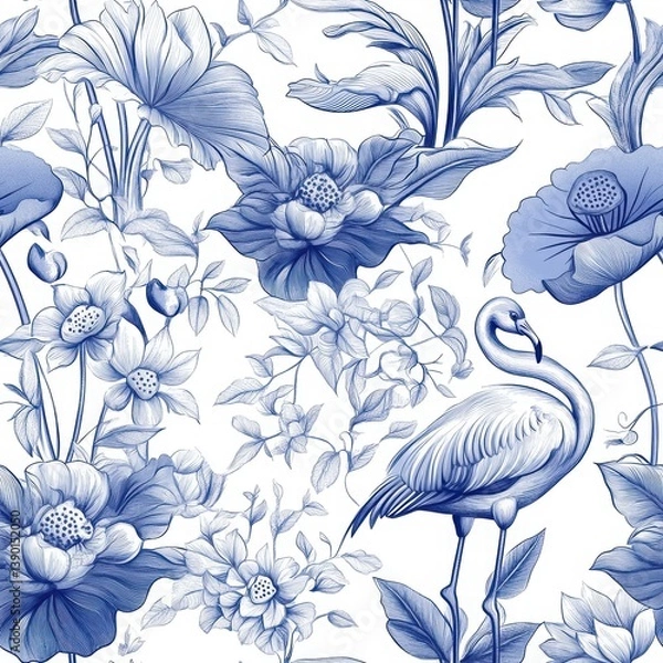 Obraz Elegant Blue Floral Pattern with Stylized Birds and Foliage Design
