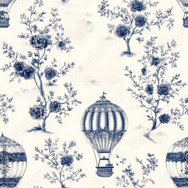 Obraz Vintage Floral Pattern with Hot Air Balloons on Light Background
