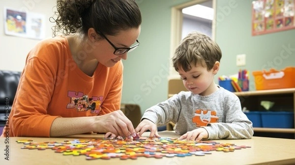 Obraz A childcare worker helping a child solve a puzzle at a learning station.