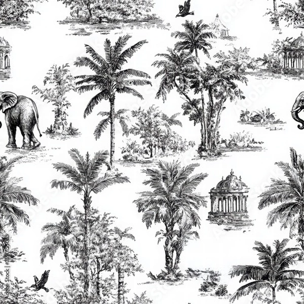 Obraz Tropical Jungle Patterns with Animals and Exotic Plant Life