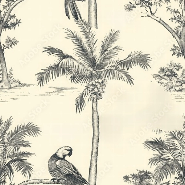 Obraz Tropical Jungle Bird and Palm Leaf Pattern Background Design