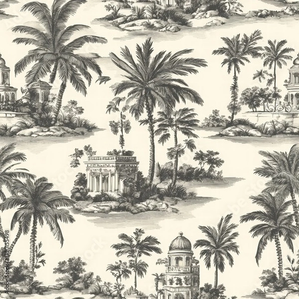 Obraz Tropical Palm Pattern with Vintage Architecture and Scenic Background