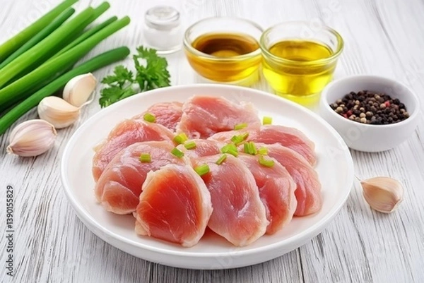 Fototapeta Raw chicken thighs are arranged on a white plate, surrounded by fresh ingredients