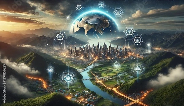 Fototapeta Futuristic smart city nestled in a green mountain valley, with data hubs and Earth interface above. A blend of urban development, technology, and nature at sunrise, symbolizing a connected world.
