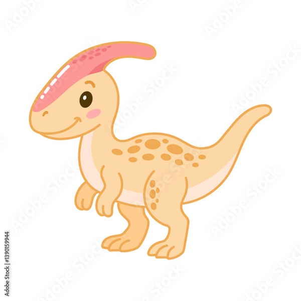 Fototapeta Smiling pastel parasaurolophus dinosaur with spots and head crest, ideal for childrens illustrations