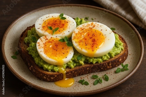 Fototapeta Avocado Toast with Soft-Boiled Eggs and Fresh Herbs