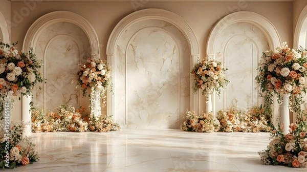 Fototapeta Wedding background with fresh flowers on the wall generative AI