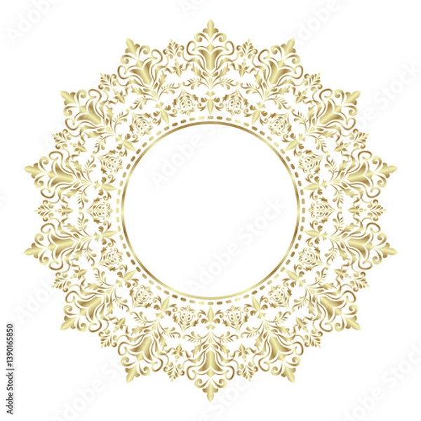 Fototapeta Decorative damask round golden frame, Elegant element for design in Eastern style, Classic place for text, Luxury Floral gold border, Lace illustration for invitations and greeting cards