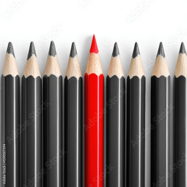 Fototapeta creative layout of black pencils evenly spaced with one red pencil standing out, showcasing uniqueness and contrast